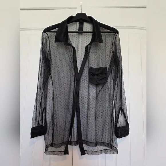 Sheer Black Blouse with Satin Accent Collar Pocket And Cuffs Size Large - Picture 5 of 9